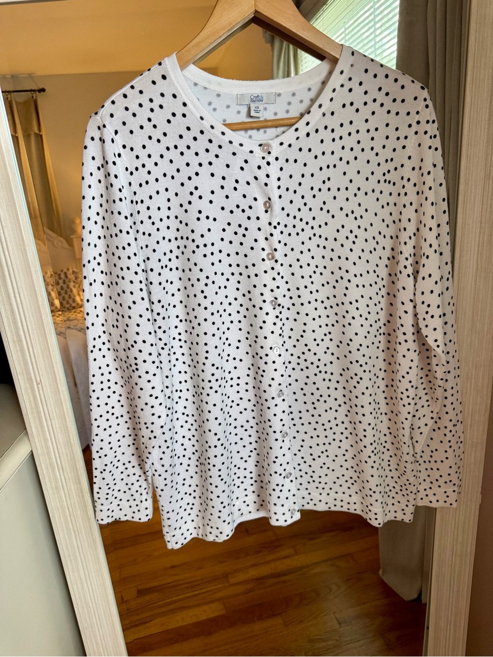 Croft and Barrow Button Front Long Sleeve Black Polka Dot White Cardigan Sweater